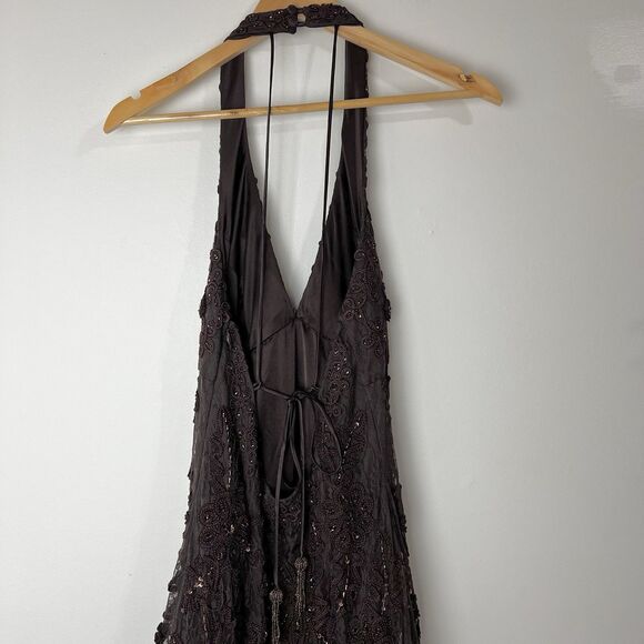 Sue Wong Nocturne Formal Dress Brown Lace Beaded Halter Maxi Size 8 - Picture 7 of 16
